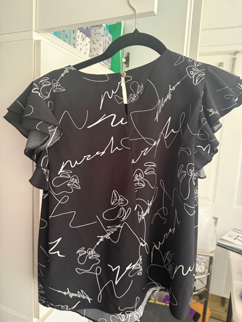 Black Script-Print Flutter Sleeve Top - Picture 3 of 4